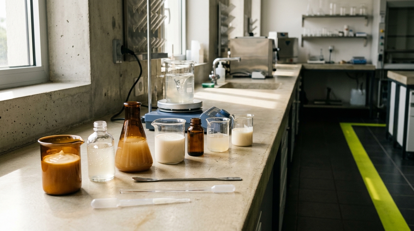 Row of unbranded amber and clear glass beakers with pale cream emulsions on bone concrete countertop in a cosmetics formulation lab with electric lime safety strip in background.