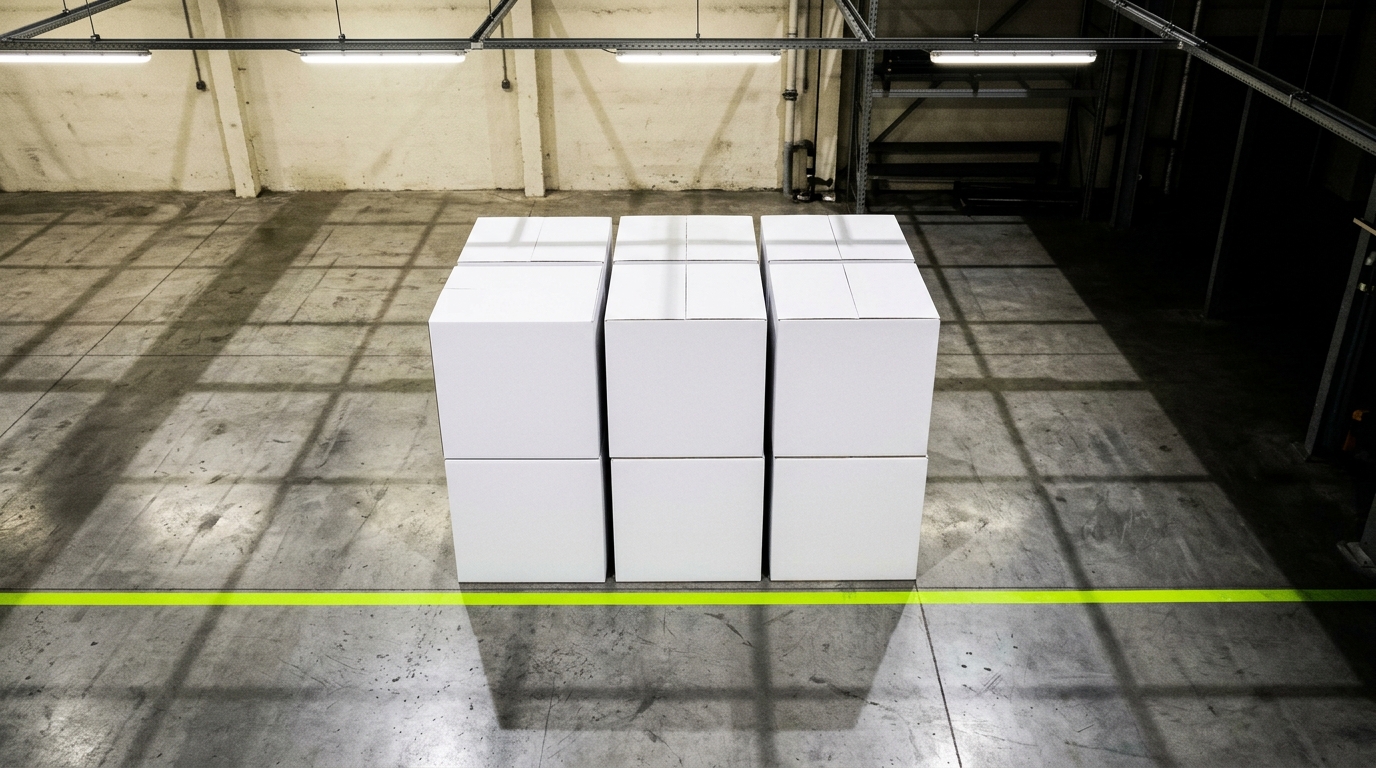 Six unbranded white cartons stacked on warehouse concrete with electric lime safety line.