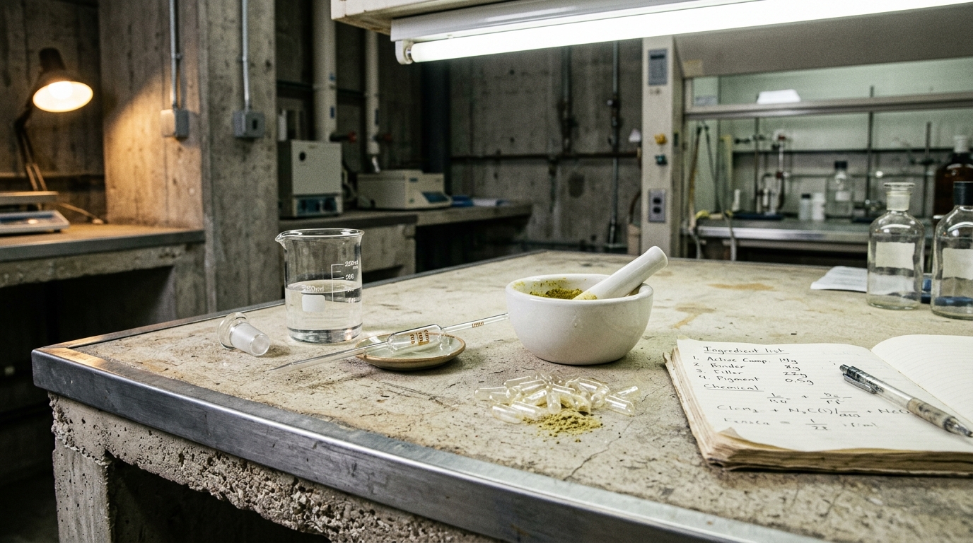 Industrial lab bench with a glass beaker of clear liquid, glass pipette on ceramic dish, white porcelain mortar and pestle with green-yellow powder, scatter of clear capsule shells, open notebook with handwritten ingredient list.