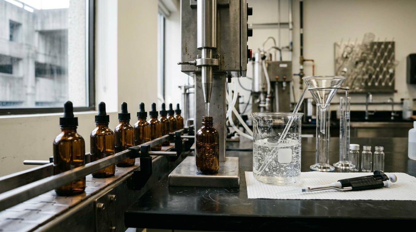 Atmospheric serum bottle-fill line and formulation lab beakers under soft lab light.