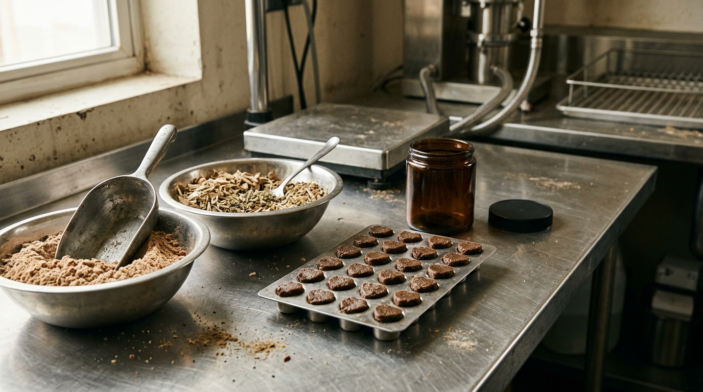 Atmospheric pet supplement bottling and raw ingredient bowls in warm natural light.