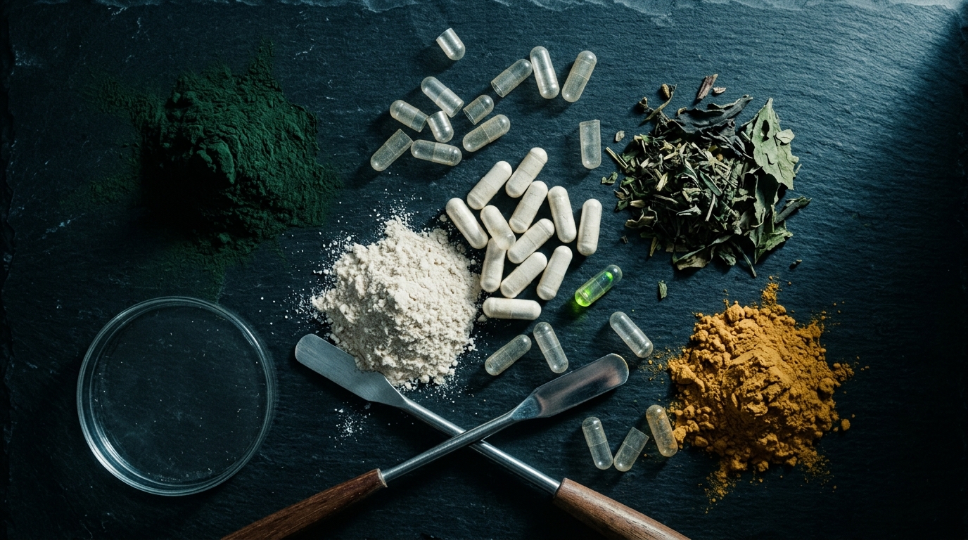 Atmospheric flatlay of supplement raw ingredients on dark slate — green powder, off-white powder, ochre turmeric, scattered translucent vegetable capsules.