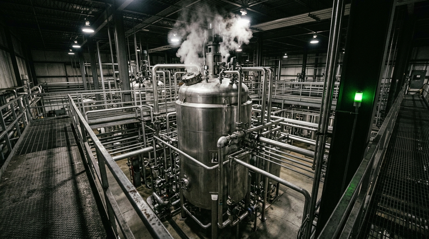 Atmospheric mood image of a contract manufacturing reactor vessel with stainless pipework and steam under industrial lighting.