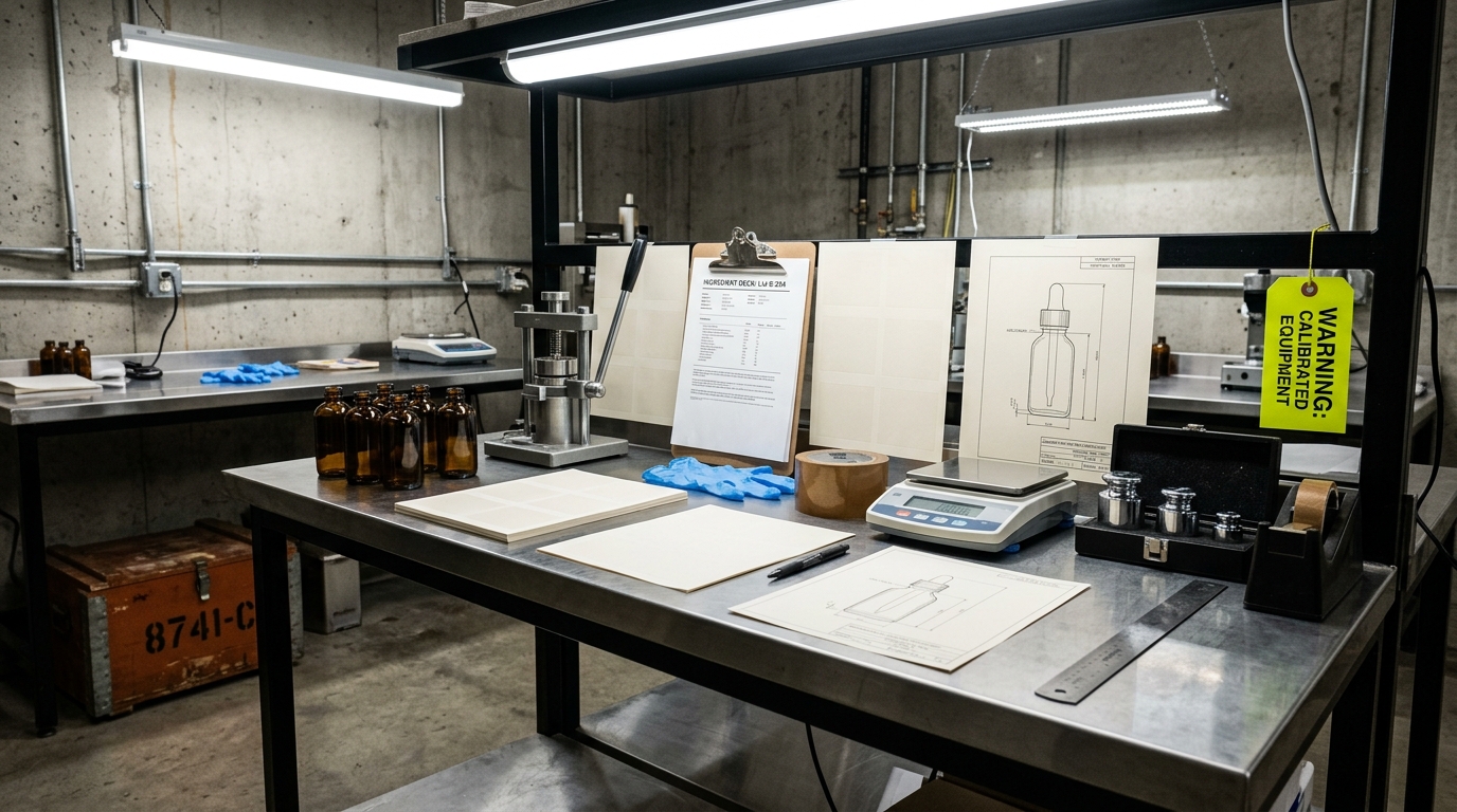 A stainless-steel manufacturing bench under lab lights with capsule press, calibration weights, ingredient deck, label proofs, and a yellow warning tag. No people.